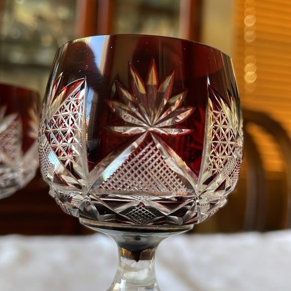 Vintage mid century set of 3 cut crystal ruby red to clear cordials footed - Picture 3 of 9